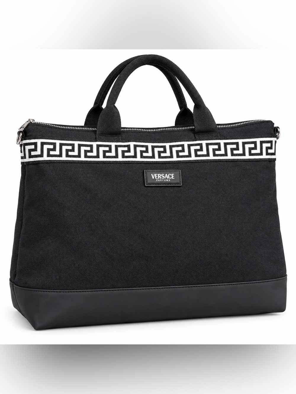 Versace Black Canvas Greek Key Tote